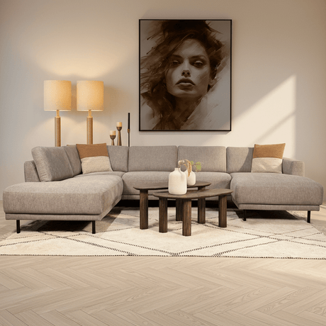 Banken - Moderne U - Bank Hoekbank Taupe Stof - Links - 310x197x142 cm - Aniko - Dimehouse