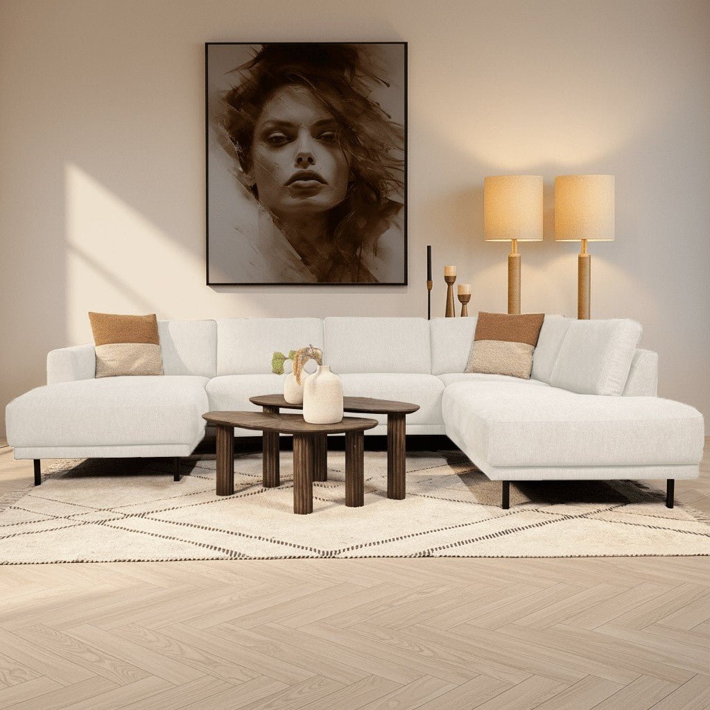 Banken - Moderne U - Bank Hoekbank Beige Stof - Rechts - 310x197x142 cm - Aniko - Dimehouse