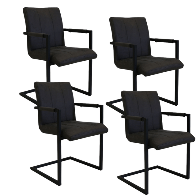 Eetkamerstoelen - Set van 4 Industriële Eetkamerstoelen Jackson Antraciet - Microvezel - Met Armleuningen - Dimehouse