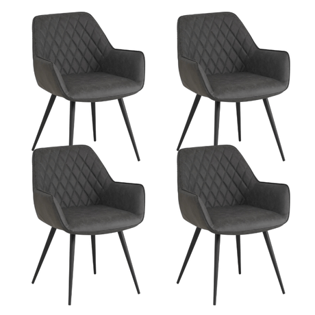 Eetkamerstoelen - Set van 4 Industriële Eetkamerstoelen Cara Antraciet Ruitpatroon - Kunstleer - Met Armleuning - Dimehouse