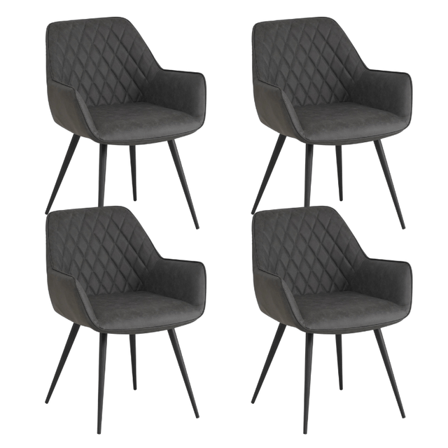 Eetkamerstoelen - Set van 4 Industriële Eetkamerstoelen Cara Antraciet Ruitpatroon - Kunstleer - Met Armleuning - Dimehouse