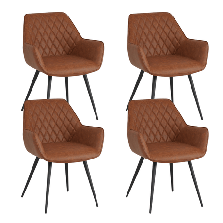 Eetkamerstoelen - Set van 4 Industriële Eetkamerstoelen Cara Cognac Ruitpatroon - Kunstleer - Met Armleuning - Dimehouse
