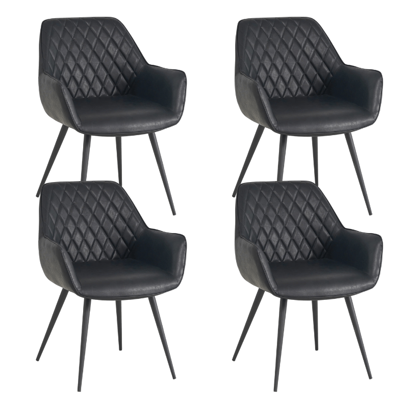 Eetkamerstoelen - Set van 4 Industriële Eetkamerstoelen Cara Zwart Ruitpatroon - Kunstleer - Met Armleuning - Dimehouse
