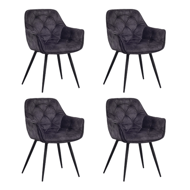 Eetkamerstoelen - Set van 4 Eetkamerstoelen Velvet Antraciet Stof Audrey - Met Armleuningen - Dimehouse
