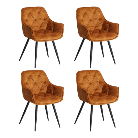 Eetkamerstoelen - Set van 4 Eetkamerstoelen Velvet Okergeel Stof Audrey - Met Armleuningen - Dimehouse