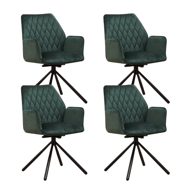 Eetkamerstoelen - Set van 4 Draaibare Eetkamerstoelen Novan Groen Velvet – 180° Draaibaar - Dimehouse