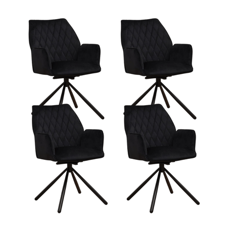 Eetkamerstoelen - Set van 4 Draaibare Eetkamerstoelen Novan Zwart Velvet – 180° Draaibaar - Dimehouse