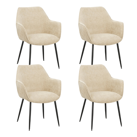 Eetkamerstoelen - Set van 4 Eetkamerstoelen Sev Beige Chenille Stof - Met Armleuning - Dimehouse