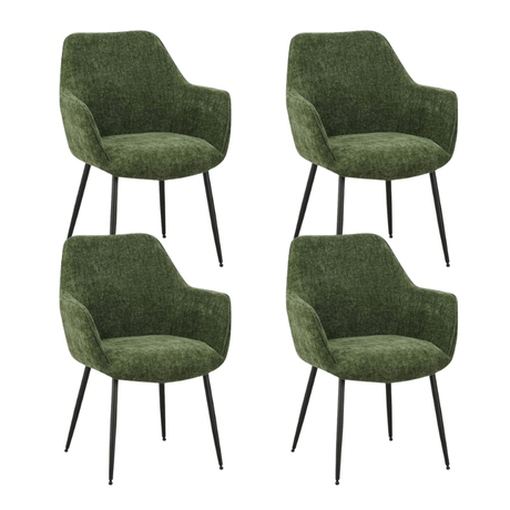 Eetkamerstoelen - Set van 4 Eetkamerstoelen Sev Groen Chenille Stof - Met Armleuning - Dimehouse