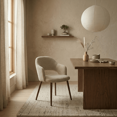 Eetkamerstoelen - Japandi eetkamerstoel zandkleur bouclé Aki - walnoot frame - met armleuning - Dimehouse
