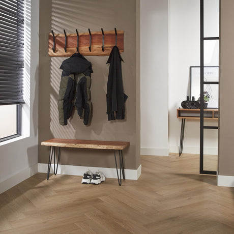 Garderobe Levi DH Interior Akazie LxBxH 105x38x15 Akazienholz Stimmungsvolles Foto diagonale Vorderansicht