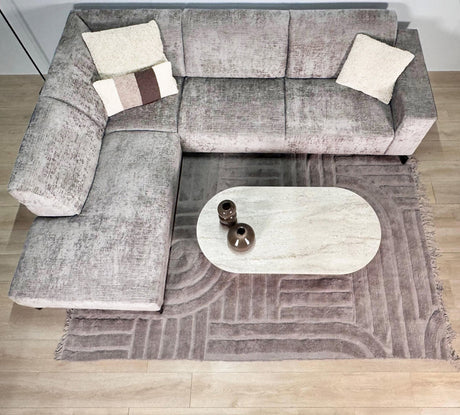 Banken - Hoekbank met chaise longue taupe chenille stof Manon - links - Dimehouse