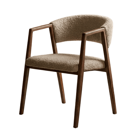 Eetkamerstoelen - Japandi eetkamerstoel zandkleur bouclé Kyo - walnoot frame - met armleuning - Dimehouse